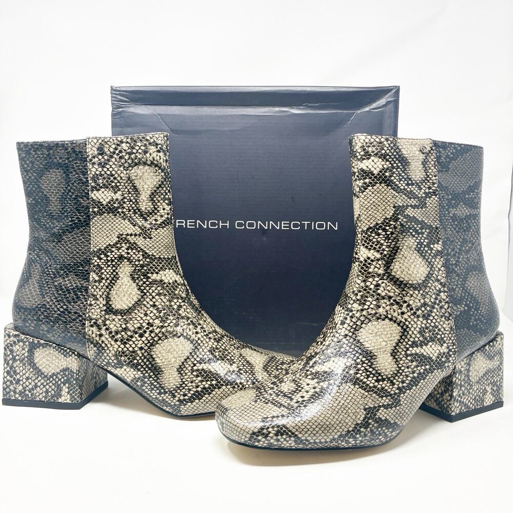 French Connection Toni Vegan Leather Snakeskin Block Heel Ankle Boot 8 NIB